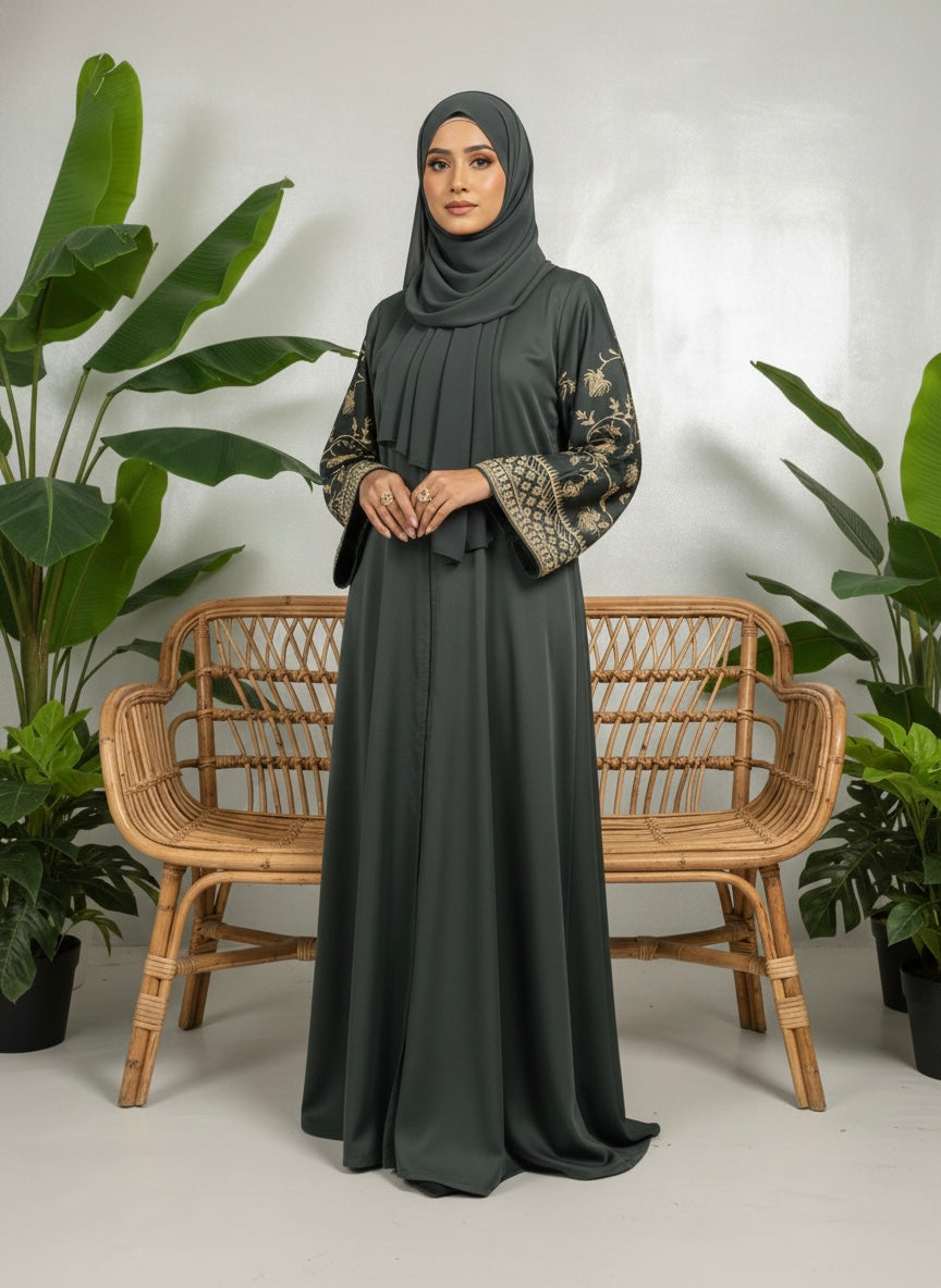 Nusrat Embroidered Eid Abaya – Deep Forest Green