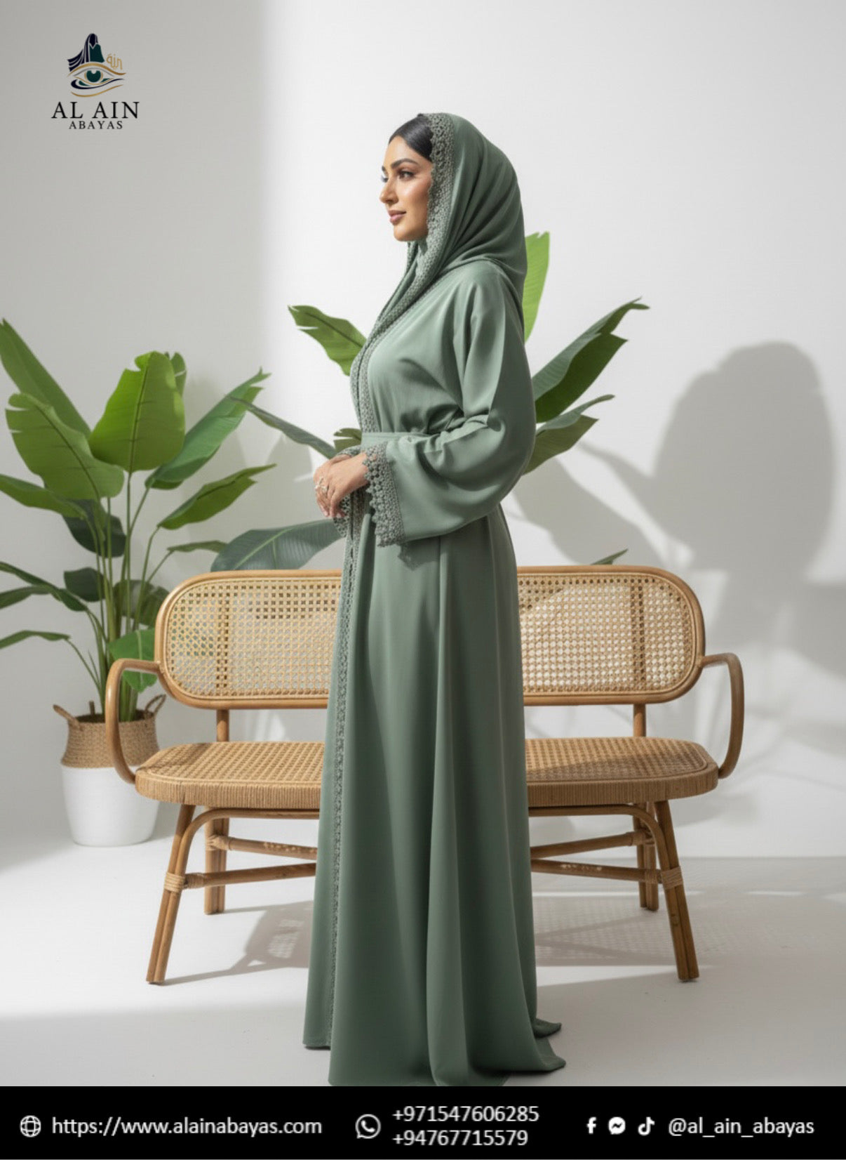 Elegant Sage Lace-Trimmed Abaya