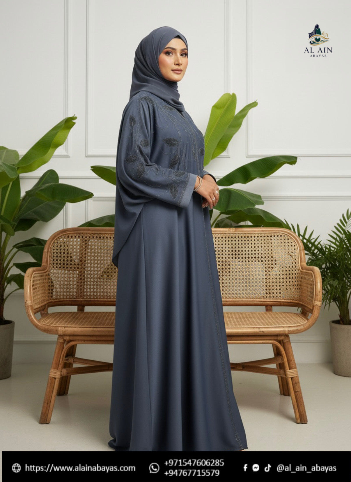 Midnight Slate Stone-Encrusted Dubai Abaya