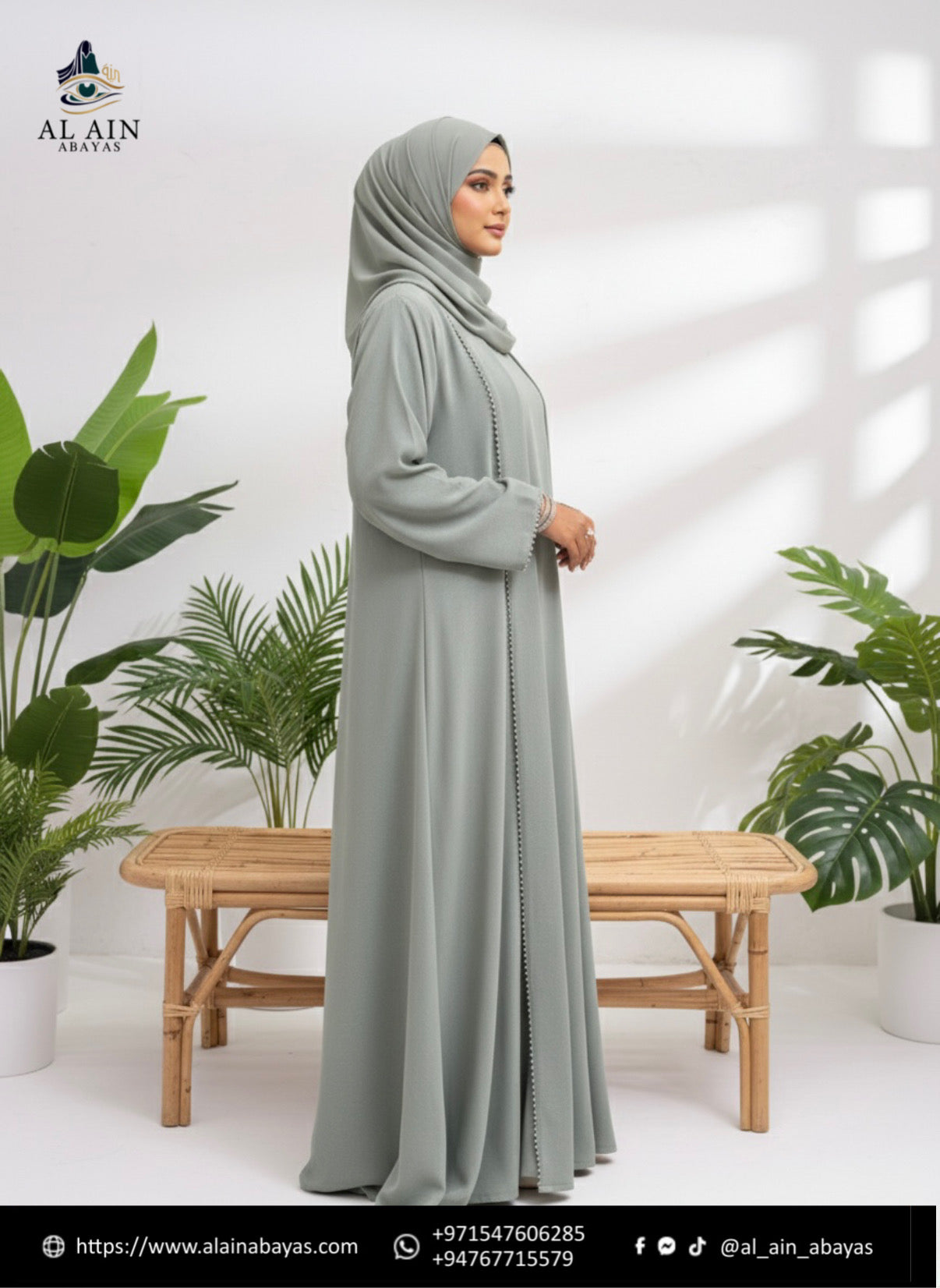 Dubai Ethereal Sage Open Abaya Set – 3-Piece