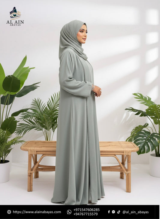 Dubai Ethereal Sage Open Abaya Set – 3-Piece