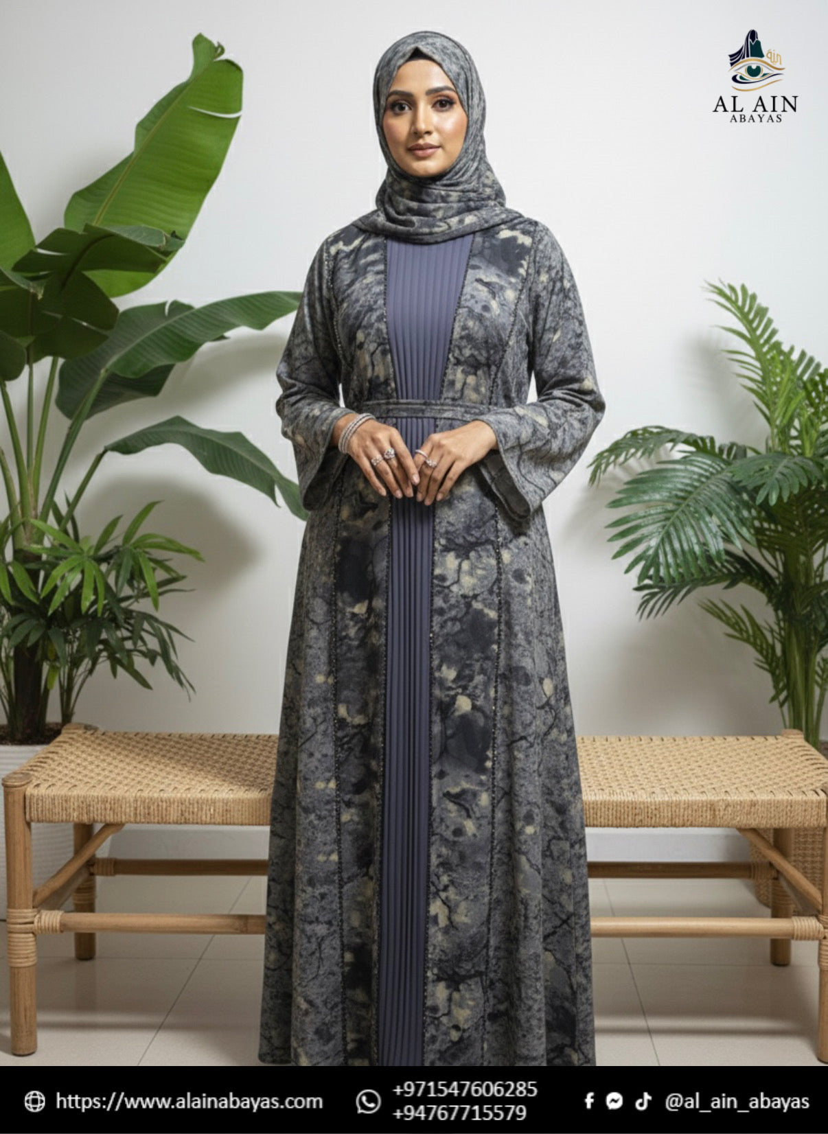 Marble Print Pleated Abaya – Charcoal & Slate