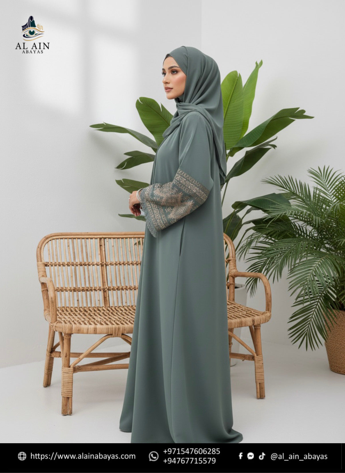 Al Ain Zoya Embroidered Abaya – Sage Green