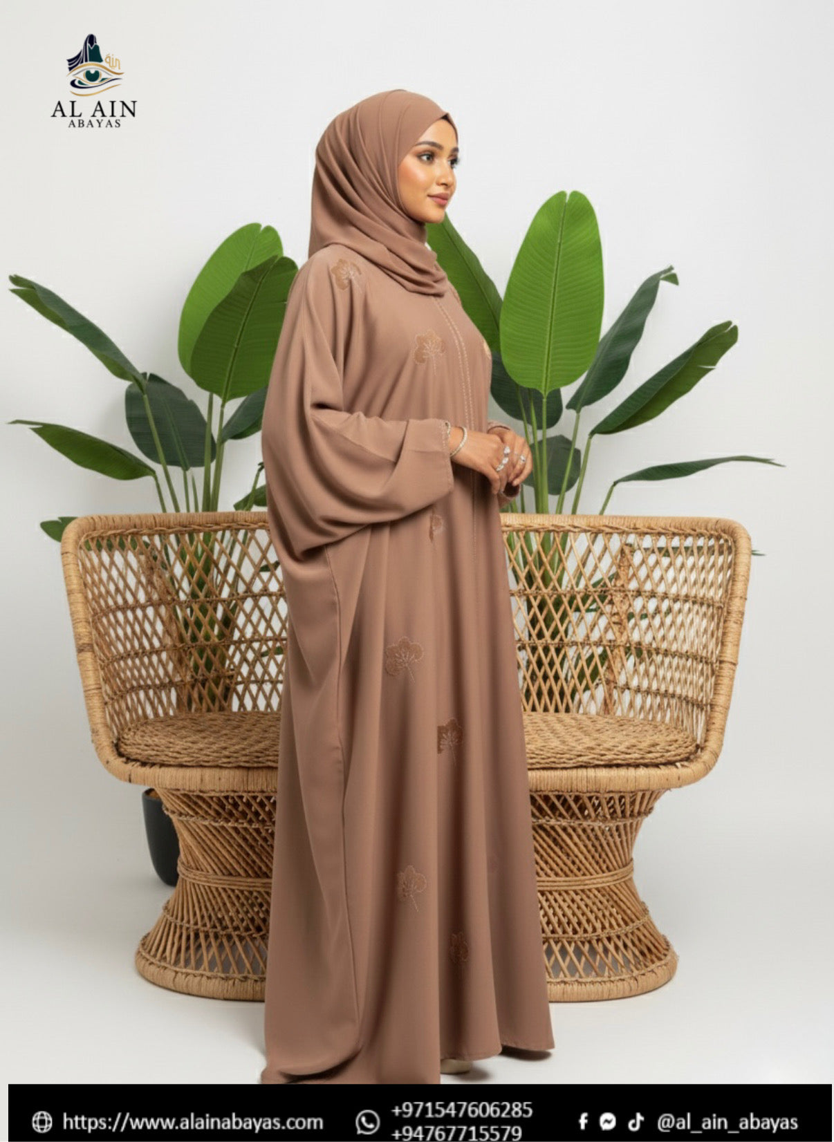 Ethereal Floral Stone & Embroidered Dubai Abaya Mocha Brown