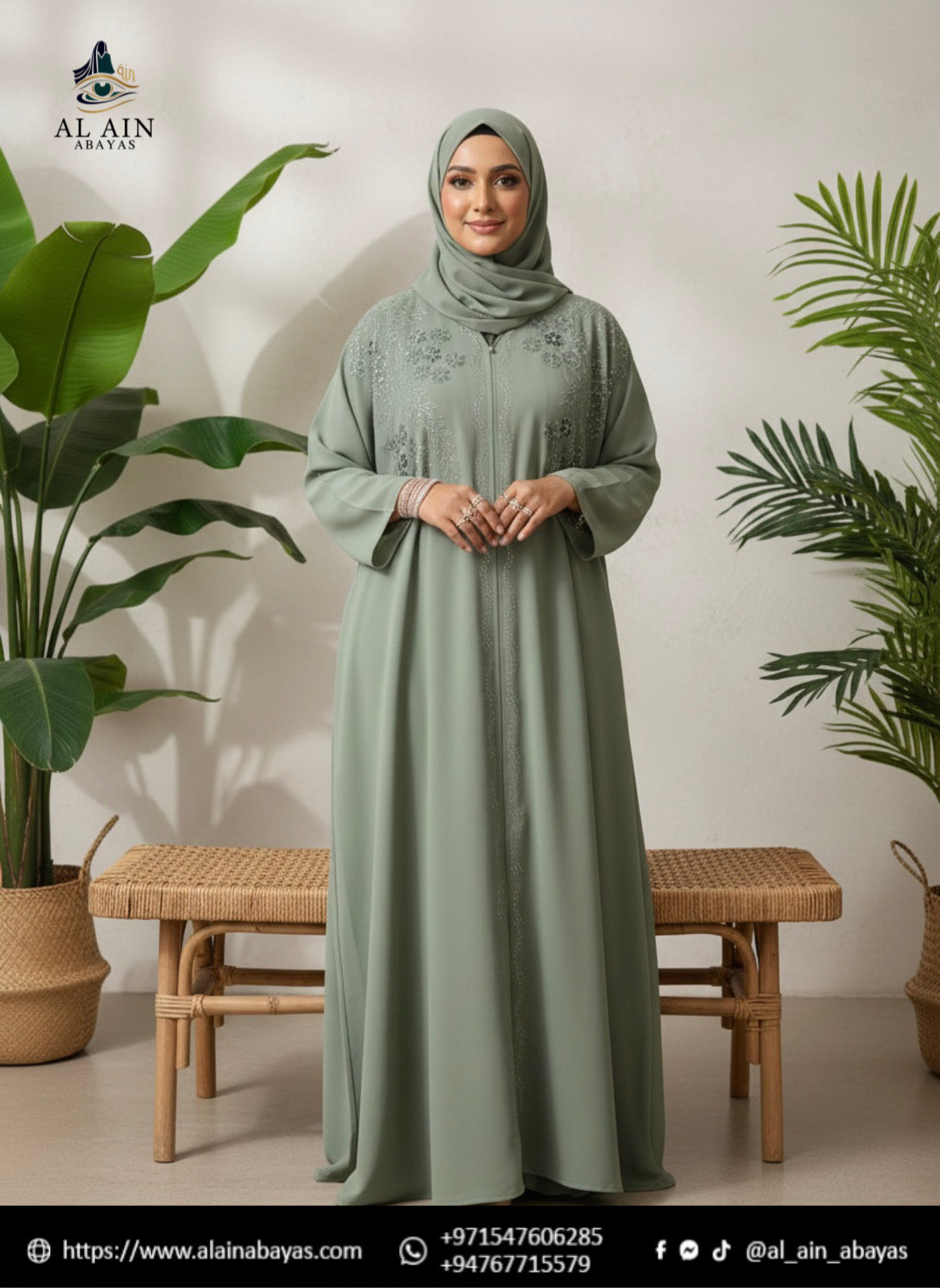 Sage Elegance: Hand-Stoned Embroidered Abaya Set