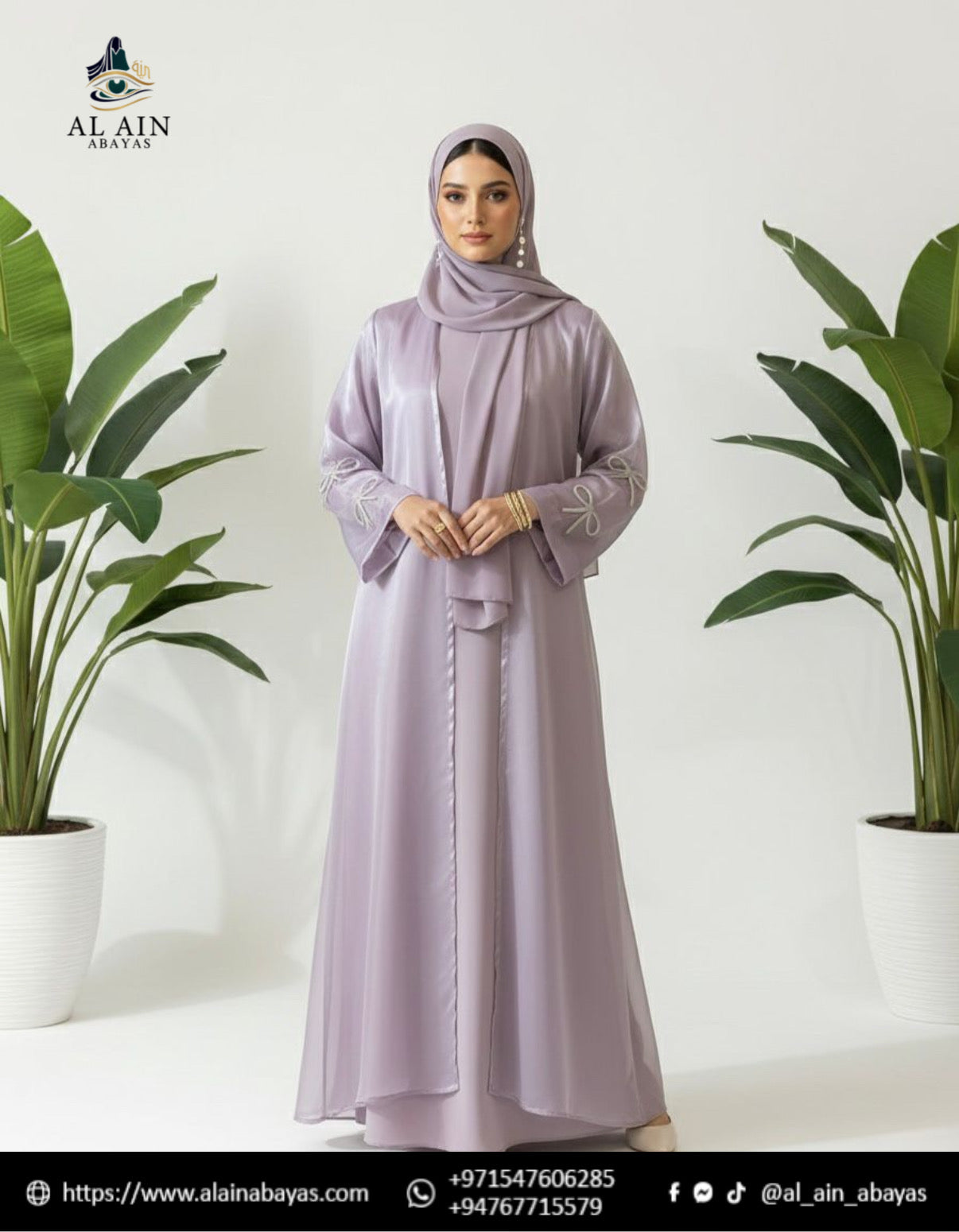 Shimmer Organza Dubai Abaya Set with Bow Embellishments – Lavender Shimmer