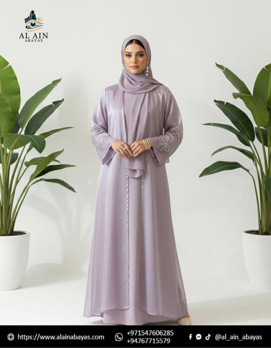 Shimmer Organza Dubai Abaya Set with Bow Embellishments – Lavender Shimmer