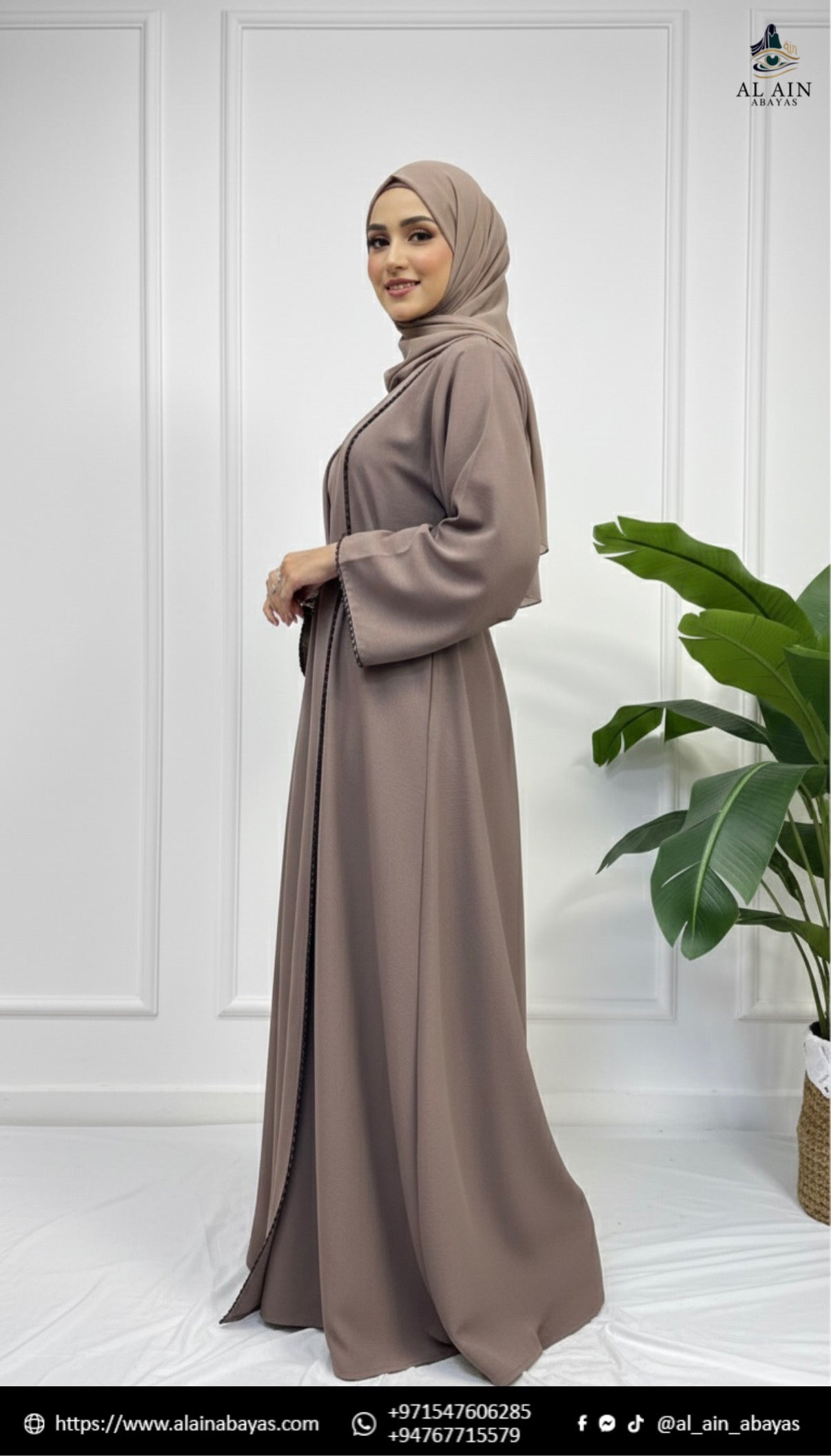 Elegant Mocha Trimmed Open Abaya Set