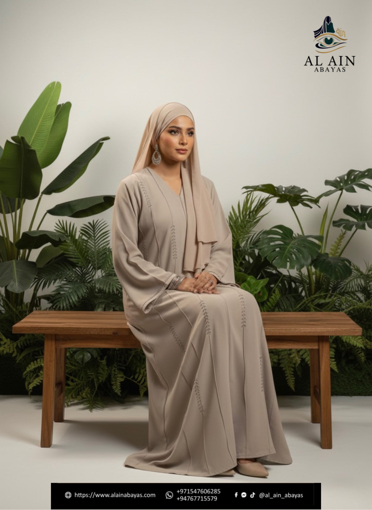 Dubai Serene Sand Minimalist Abaya – Embroidered Crepe Open Abaya