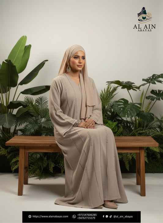 Dubai Serene Sand Minimalist Abaya – Embroidered Crepe Open Abaya