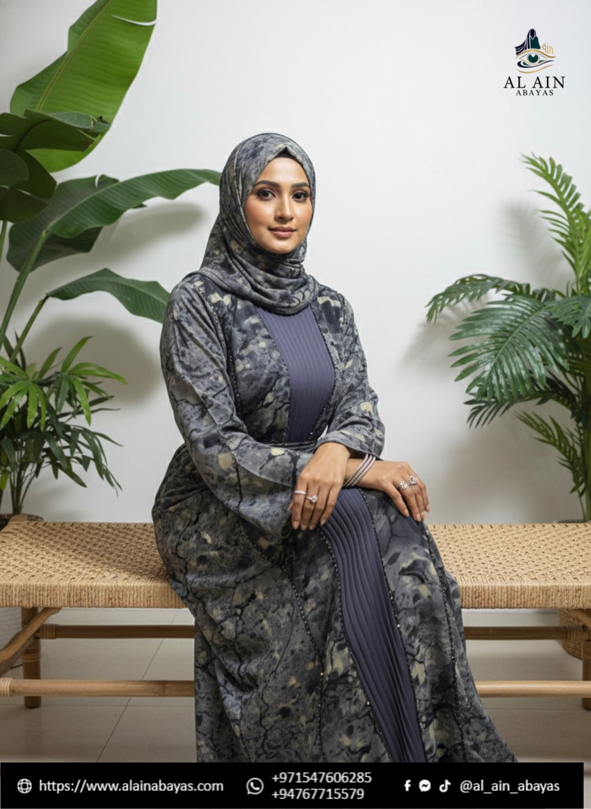 Marble Print Pleated Abaya – Charcoal & Slate