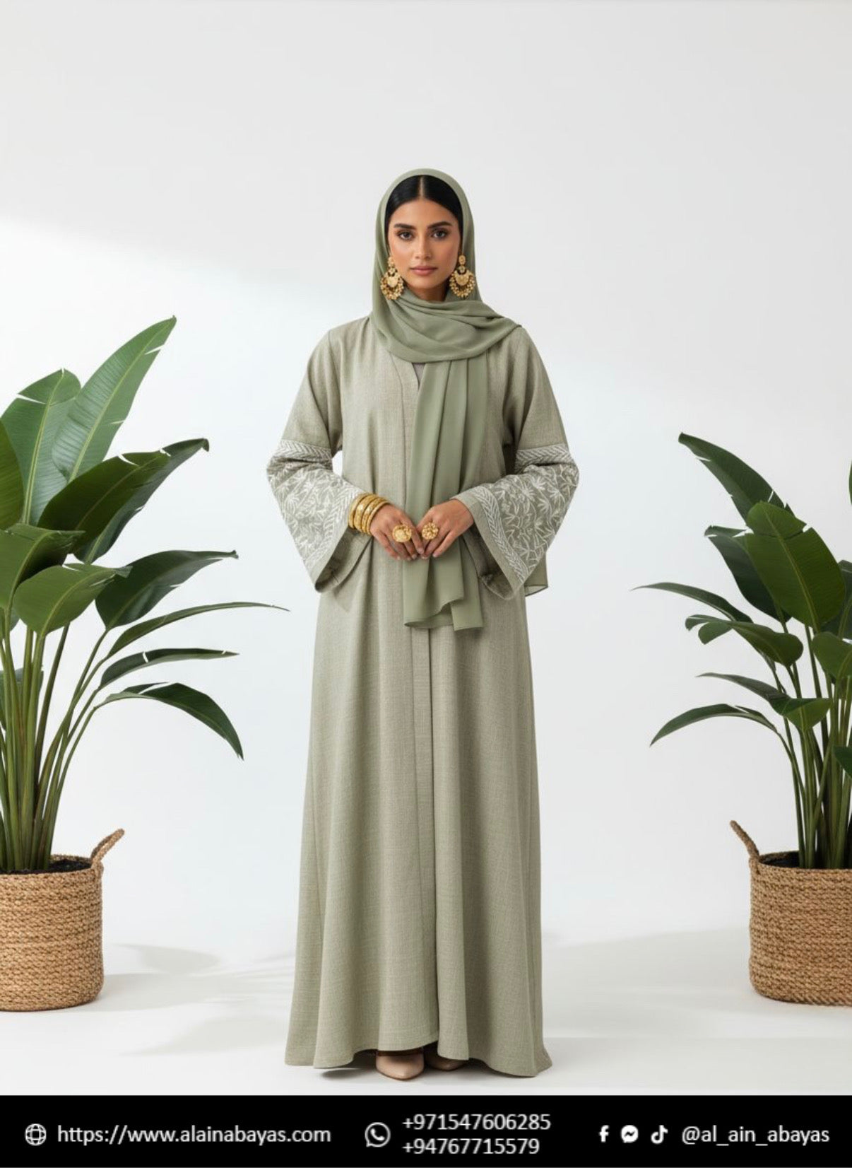Al Ain Zoya Embroidered Linen Abaya – Sage Green