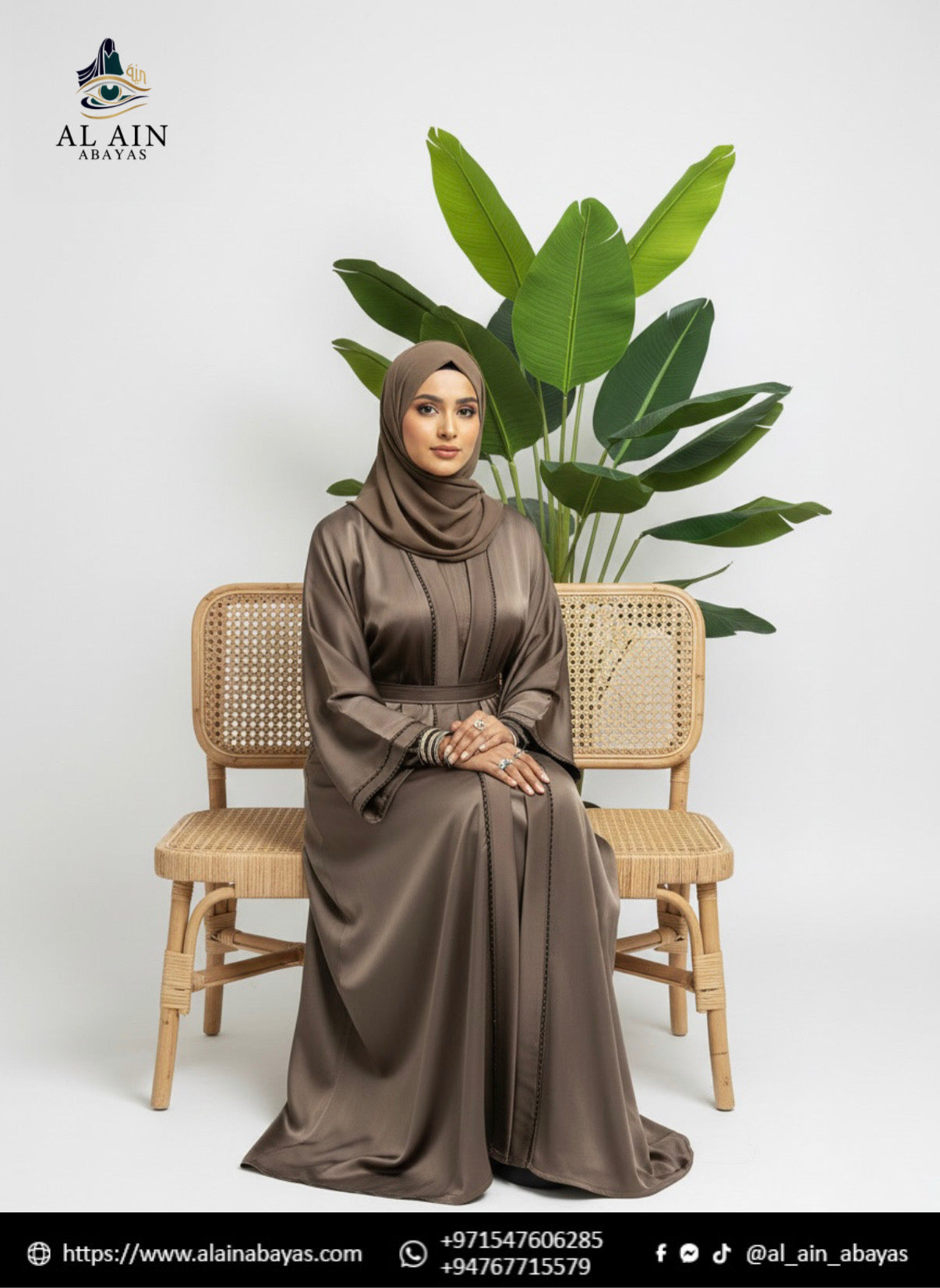 Elegance in Silk – Taupe Satin Wrap Abaya with Intricate Stitching