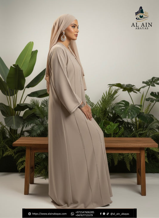 Dubai Serene Sand Minimalist Abaya – Embroidered Crepe Open Abaya