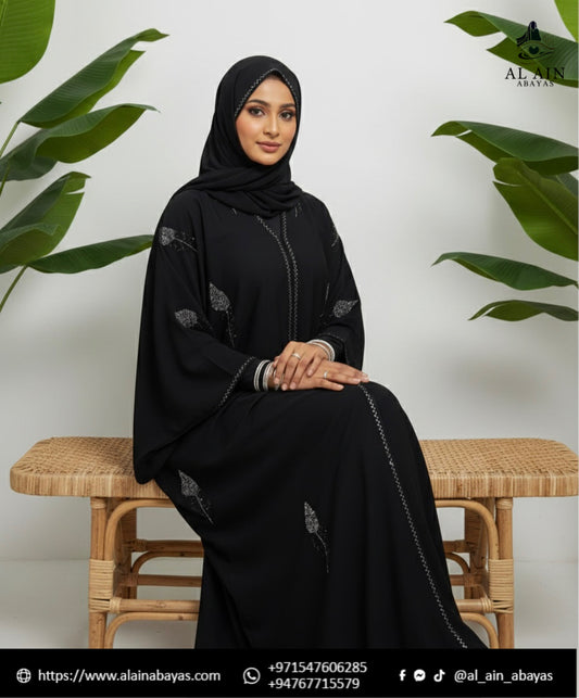 Elegant Black Abaya with Shimmering Leaf Motif