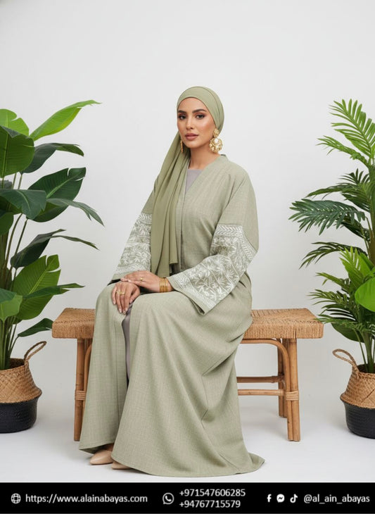 Al Ain Zoya Embroidered Linen Abaya – Sage Green