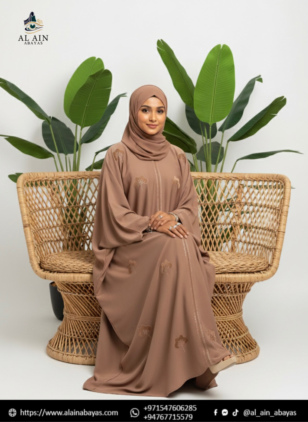 Ethereal Floral Stone & Embroidered Dubai Abaya Mocha Brown