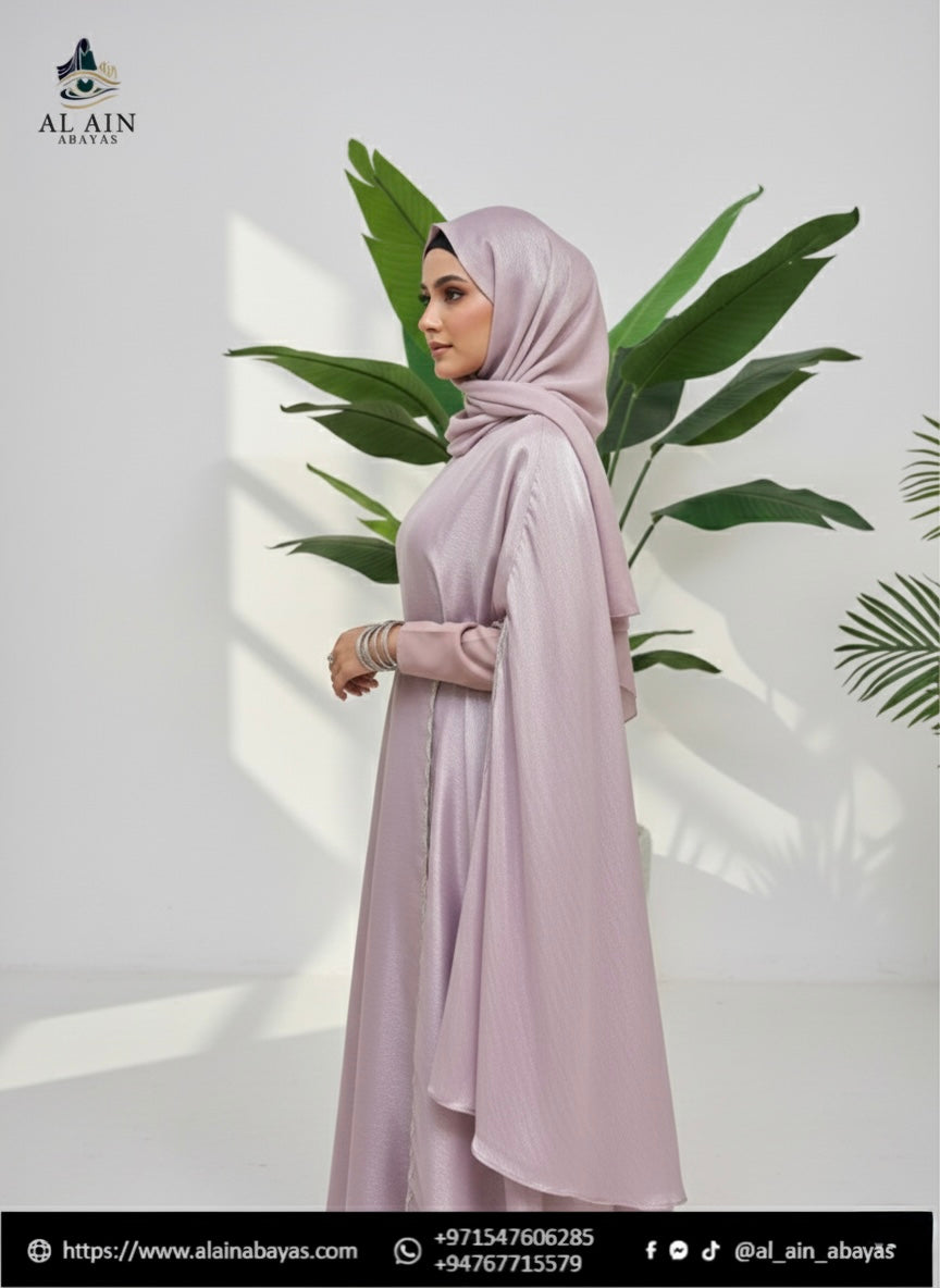 Elegance in Motion: The Shimmering Lilac Cape Abaya