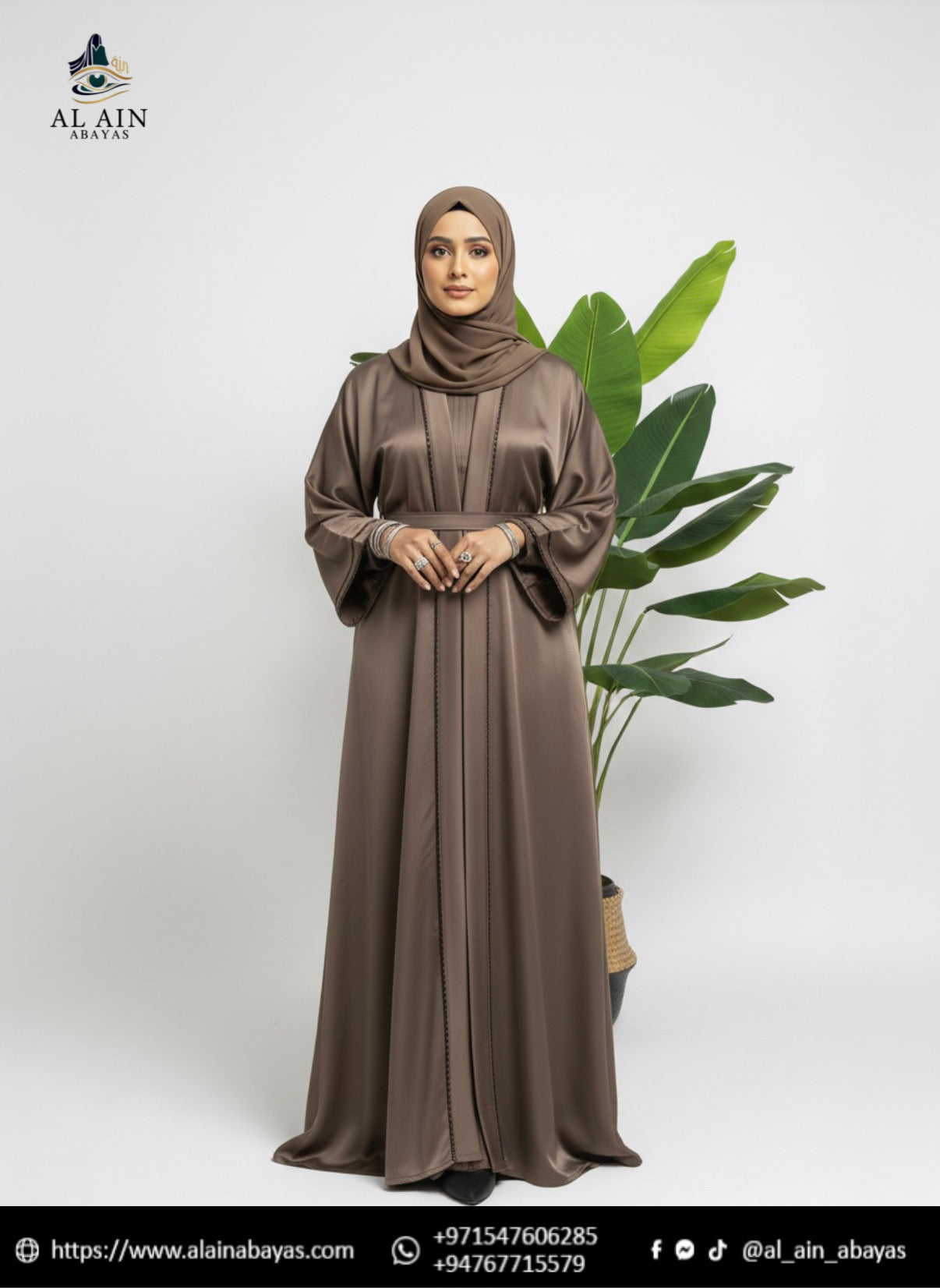 Elegance in Silk – Taupe Satin Wrap Abaya with Intricate Stitching