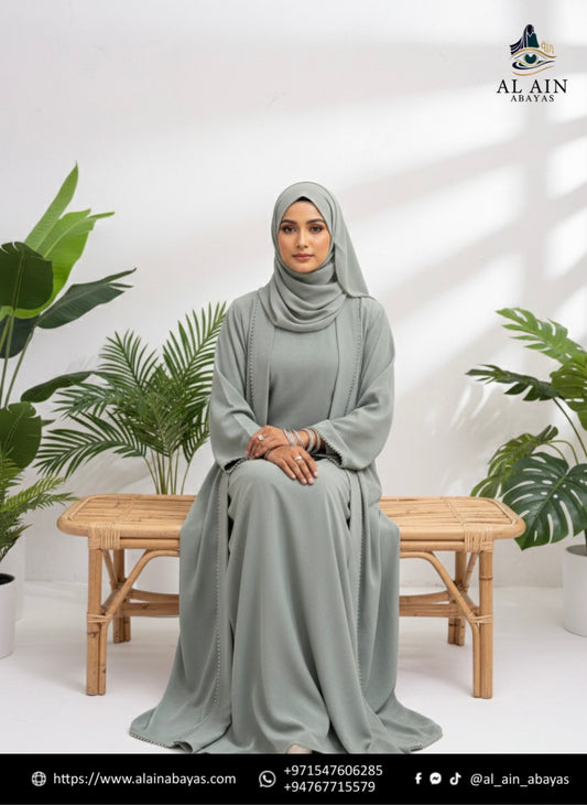 Dubai Ethereal Sage Open Abaya Set – 3-Piece