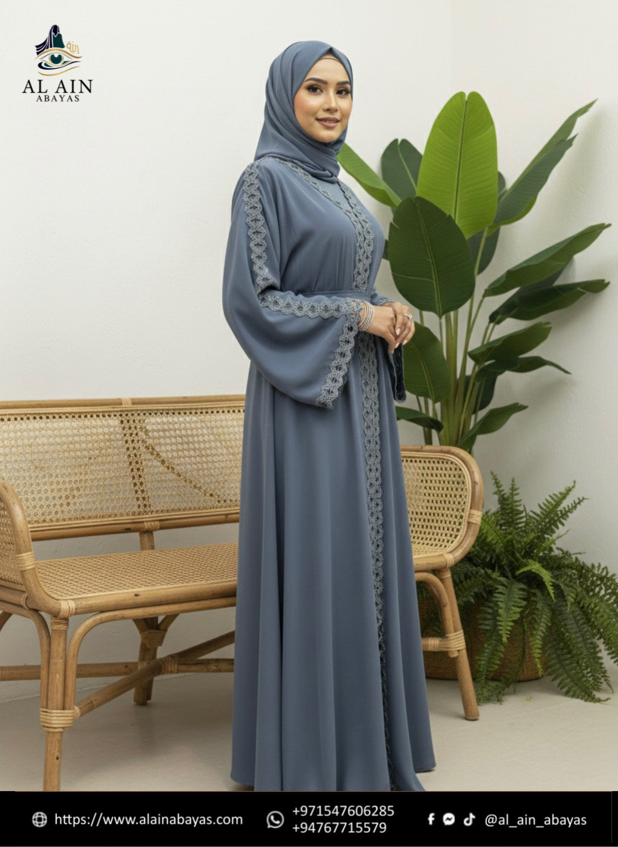 Al Ain Zahra Lace-Trimmed Open Abaya in Slate Blue – Premium Crepe Collection