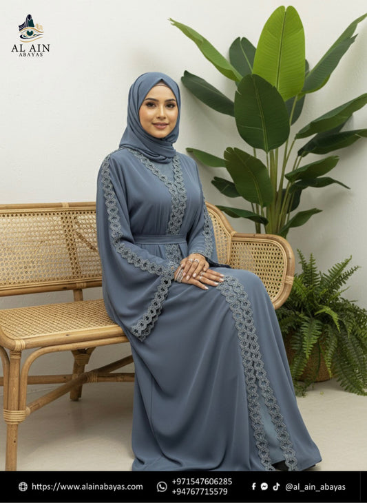 Al Ain Zahra Lace-Trimmed Open Abaya in Slate Blue – Premium Crepe Collection