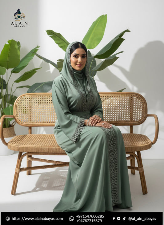 Elegant Sage Lace-Trimmed Abaya