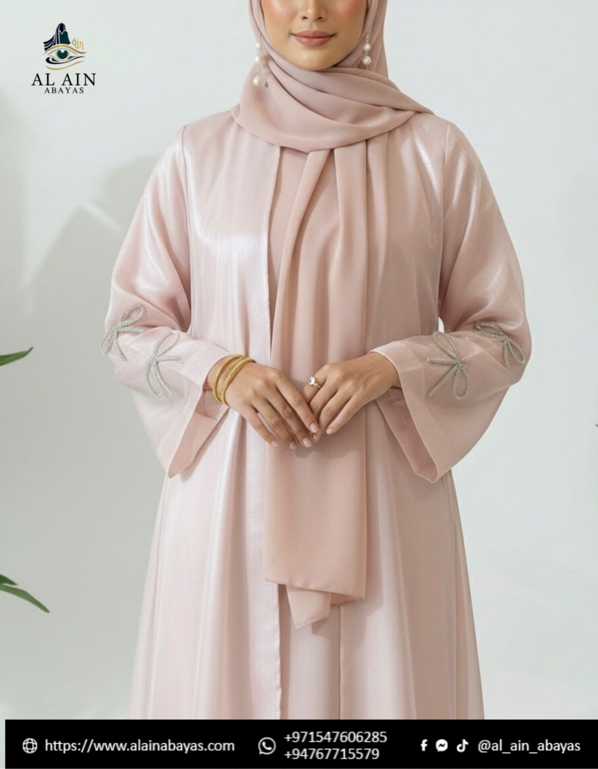 Shimmer Organza Dubai Abaya Set with Bow Embellishments – Rose Dust