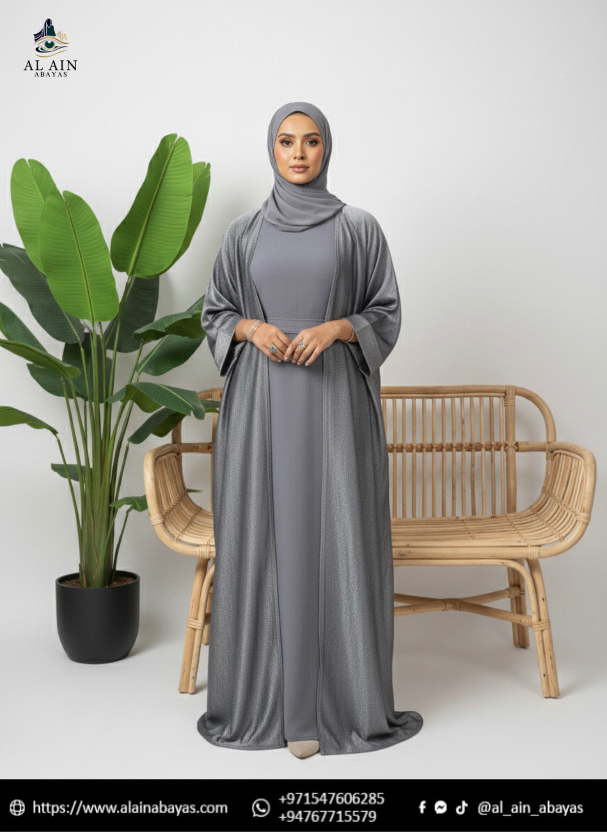 Shimmering Elegance: Two-Piece Grey Abaya Set