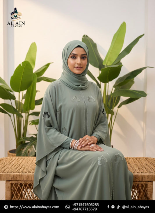Sage Elegance: Hand-Stoned Embroidered Abaya Set